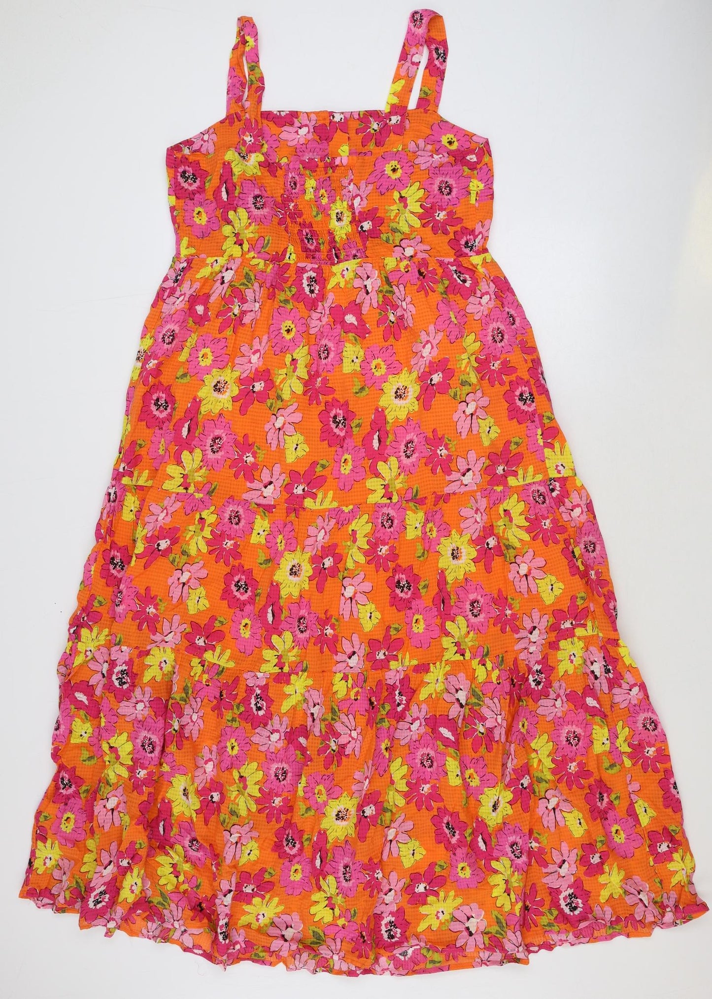 Marks and Spencer Womens Orange Floral Viscose A-Line Size 12 Square Neck Button