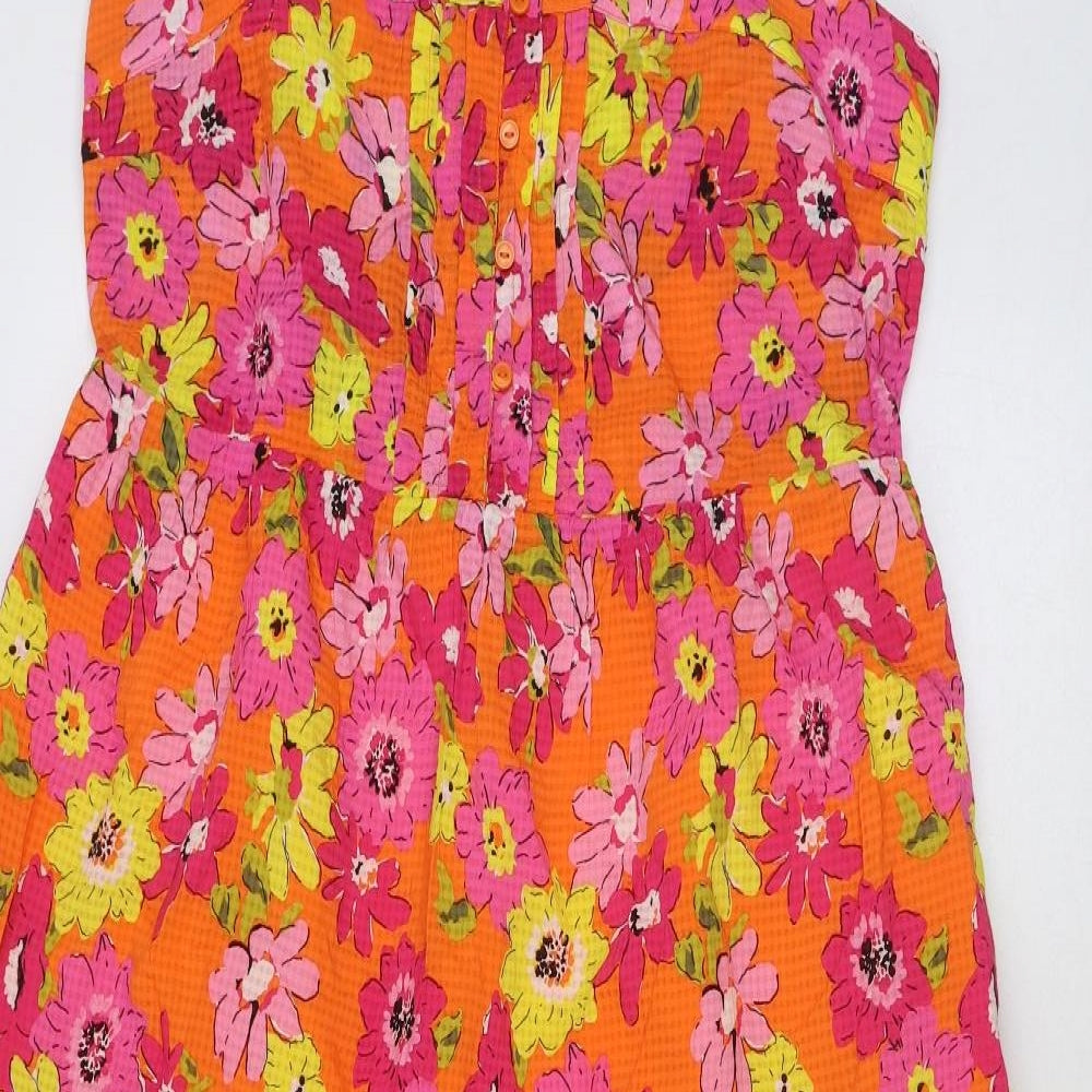 Marks and Spencer Womens Orange Floral Viscose A-Line Size 12 Square Neck Button