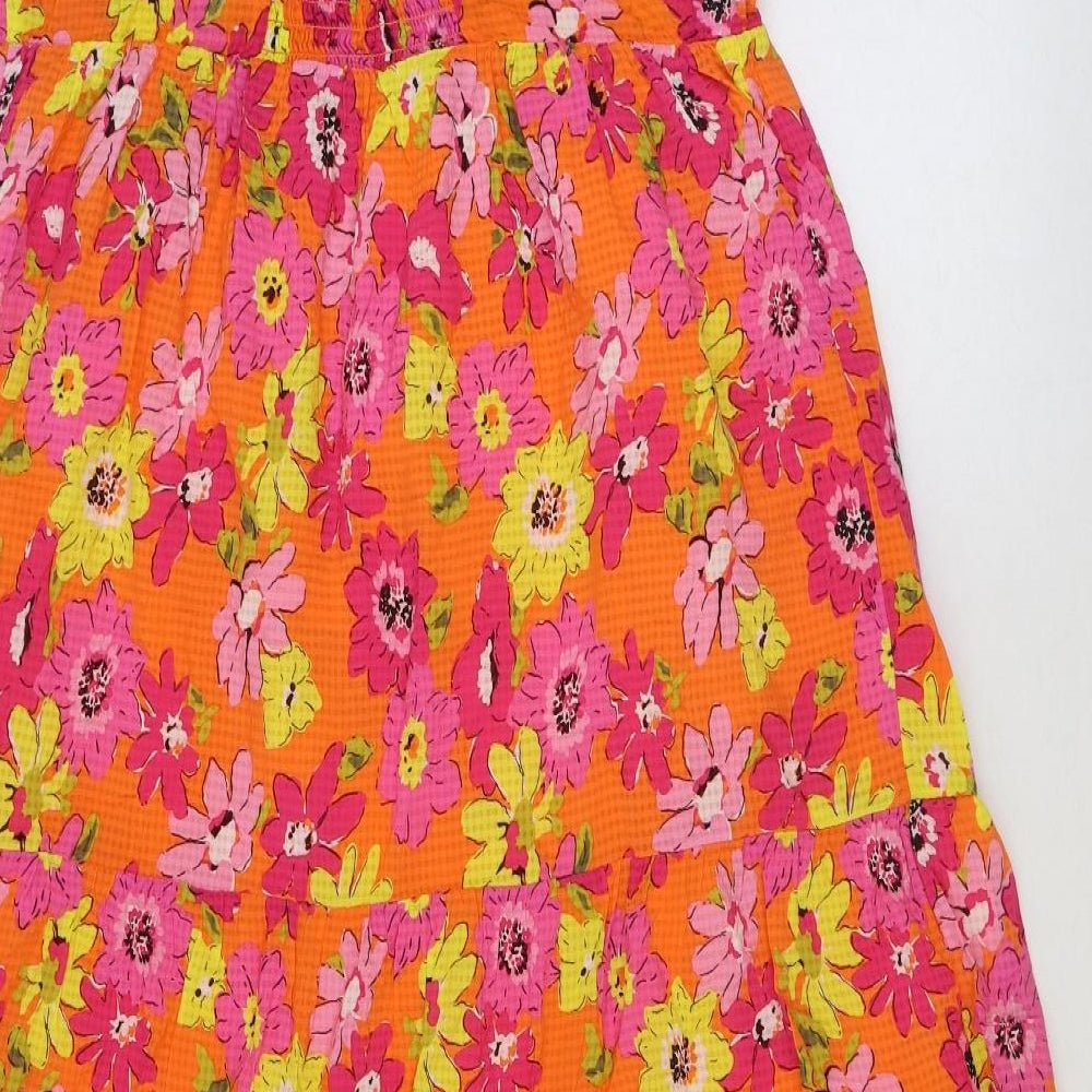 Marks and Spencer Womens Orange Floral Viscose A-Line Size 12 Square Neck Button