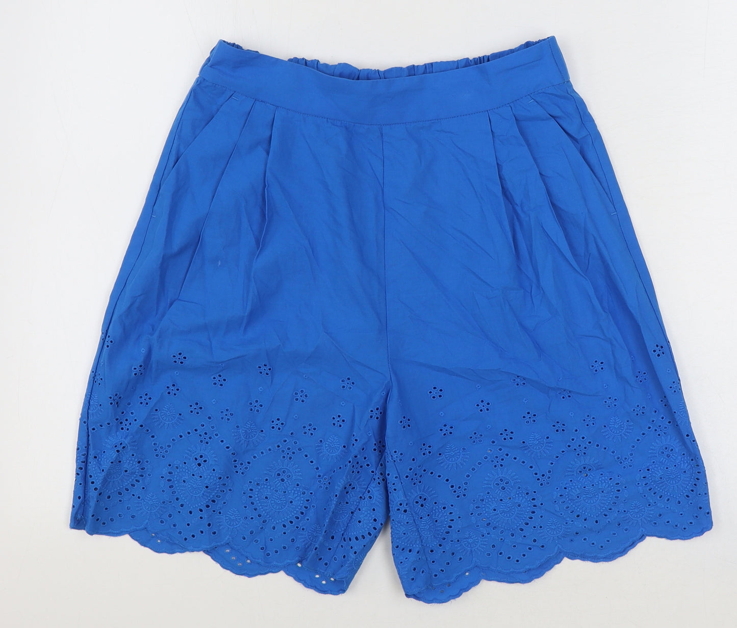 Marks and Spencer Womens Blue 100% Cotton Culotte Shorts Size 8 Regular Pull On - Anglaise Detail