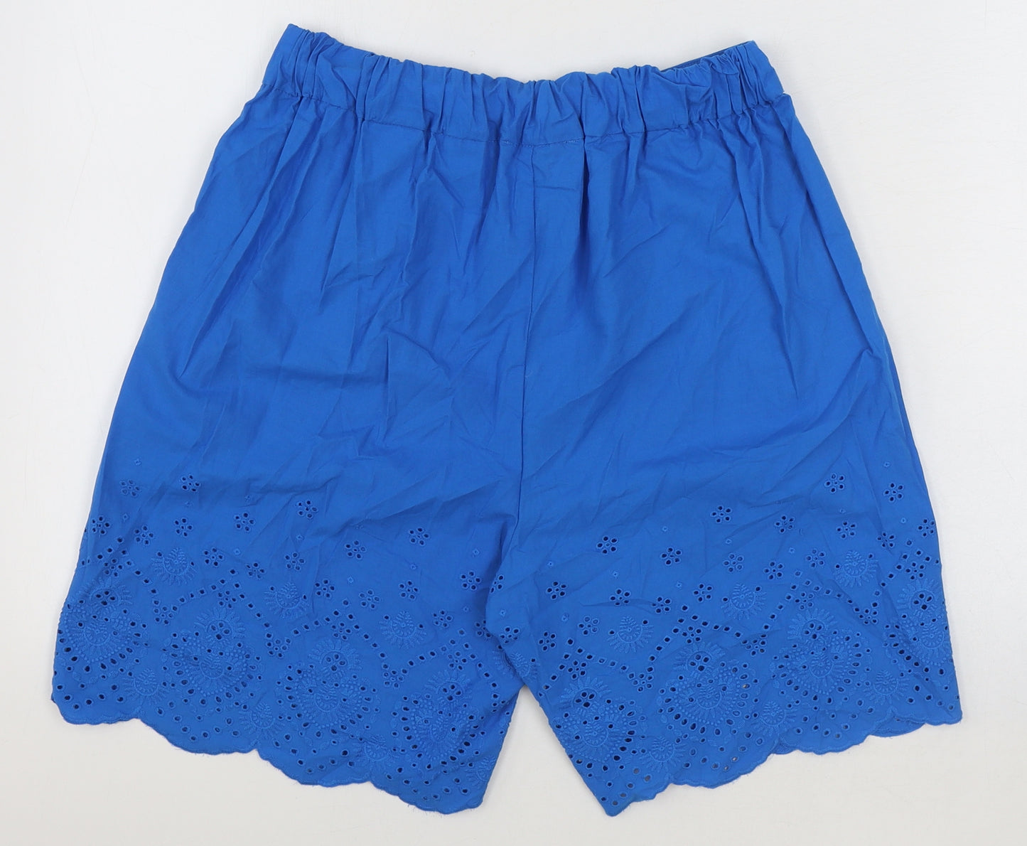 Marks and Spencer Womens Blue 100% Cotton Culotte Shorts Size 8 Regular Pull On - Anglaise Detail