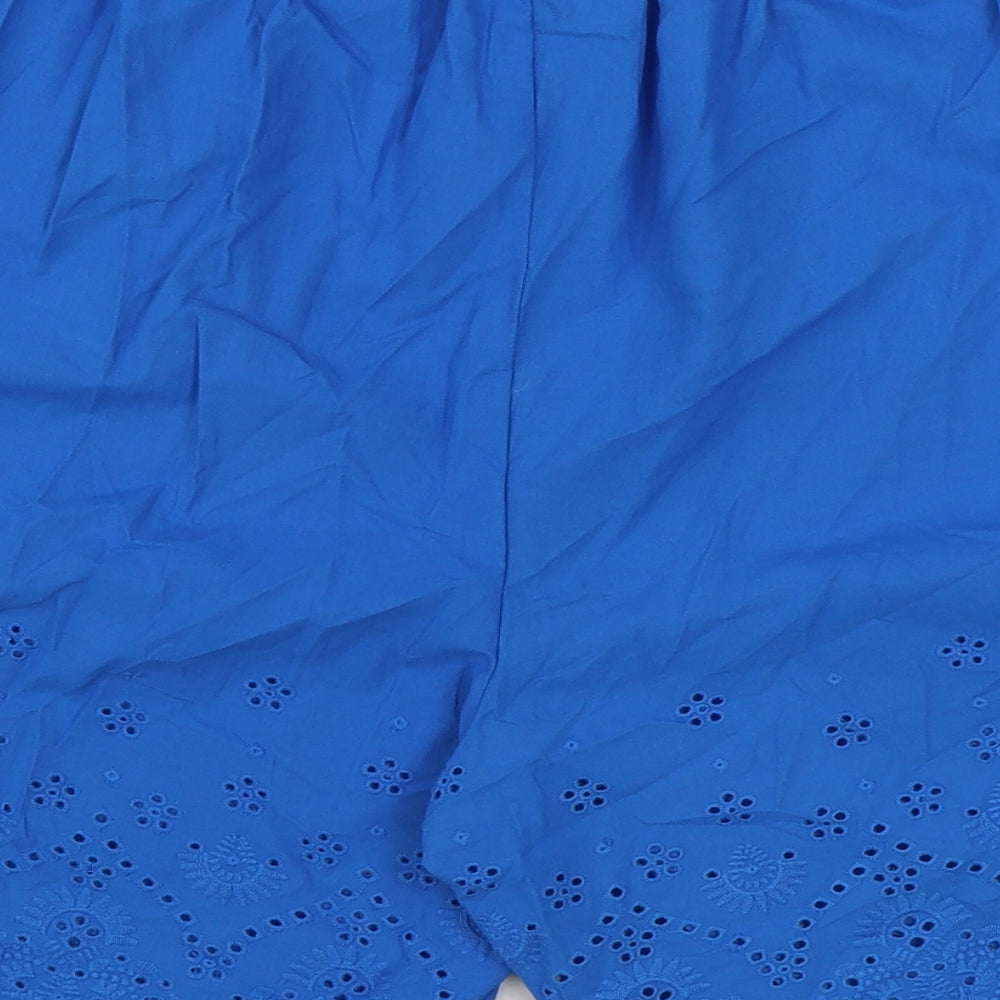 Marks and Spencer Womens Blue 100% Cotton Culotte Shorts Size 8 Regular Pull On - Anglaise Detail