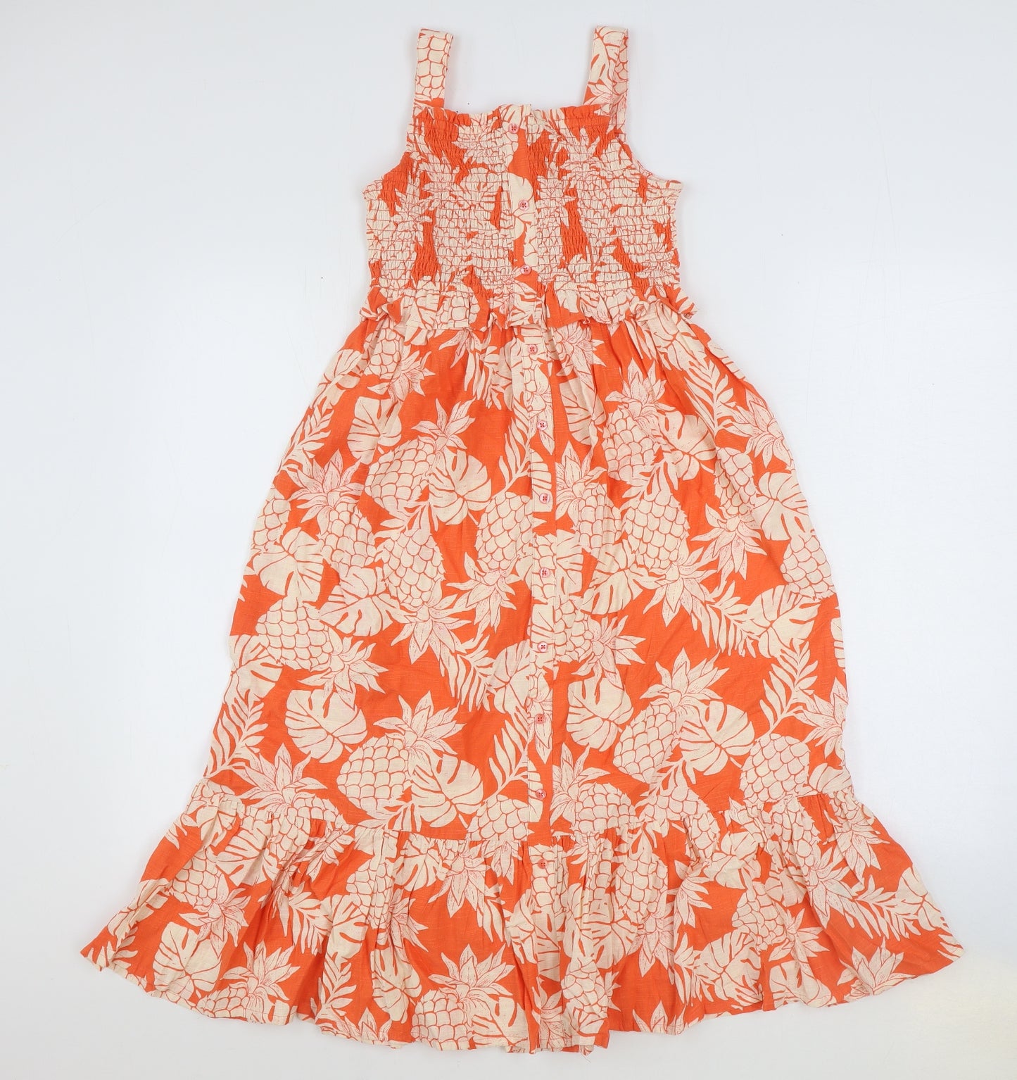 Marks and Spencer Girls Orange Geometric 100% Cotton Skater Dress Size 8-9 Years Square Neck Pullover - Pineapple