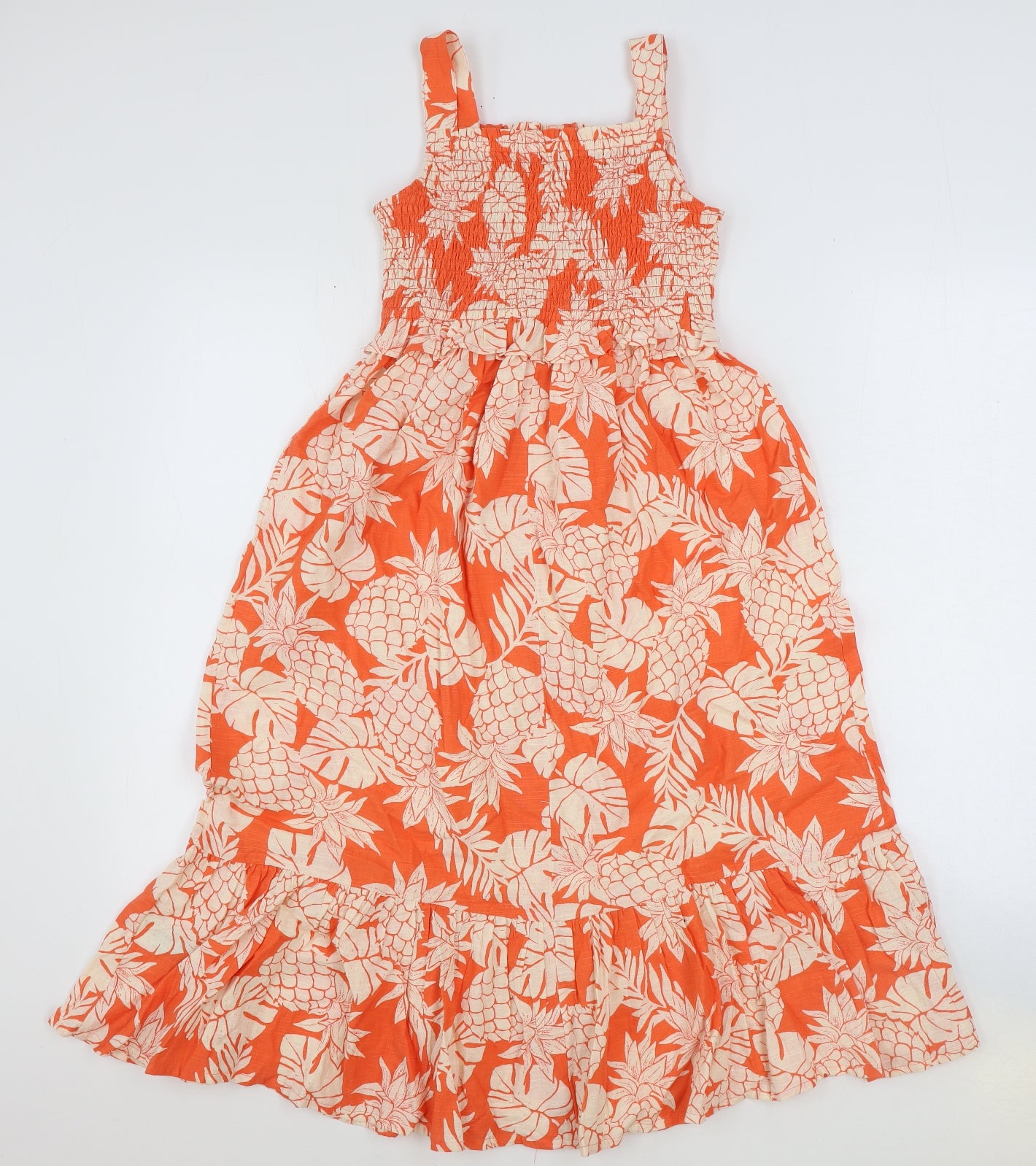 Marks and Spencer Girls Orange Geometric 100% Cotton Skater Dress Size 8-9 Years Square Neck Pullover - Pineapple