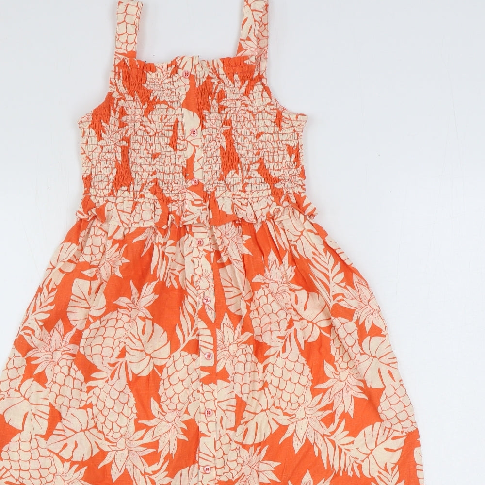 Marks and Spencer Girls Orange Geometric 100% Cotton Skater Dress Size 8-9 Years Square Neck Pullover - Pineapple