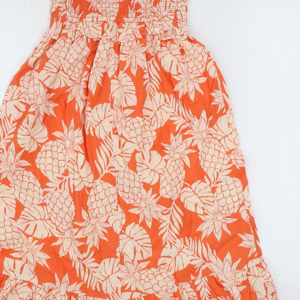 Marks and Spencer Girls Orange Geometric 100% Cotton Skater Dress Size 8-9 Years Square Neck Pullover - Pineapple