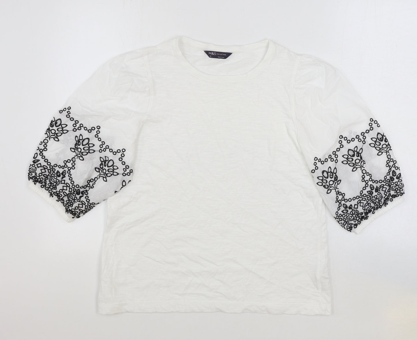 Marks and Spencer Womens White Geometric 100% Cotton Basic T-Shirt Size 12 Round Neck