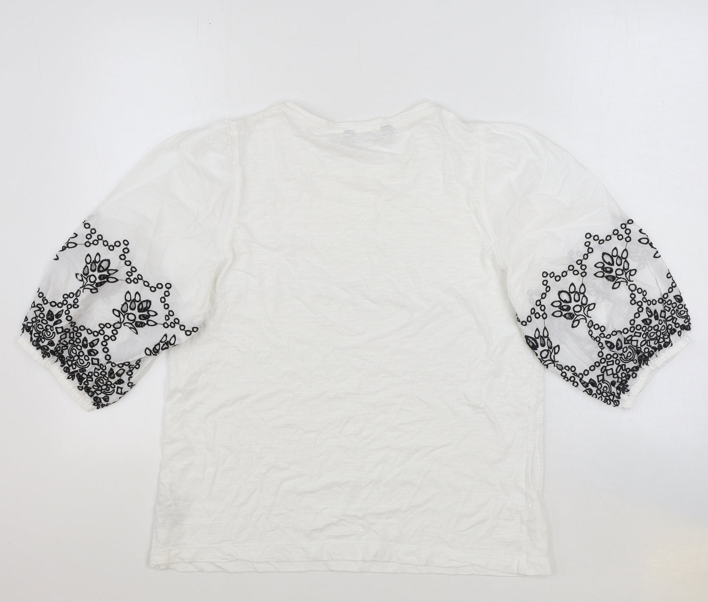 Marks and Spencer Womens White Geometric 100% Cotton Basic T-Shirt Size 12 Round Neck