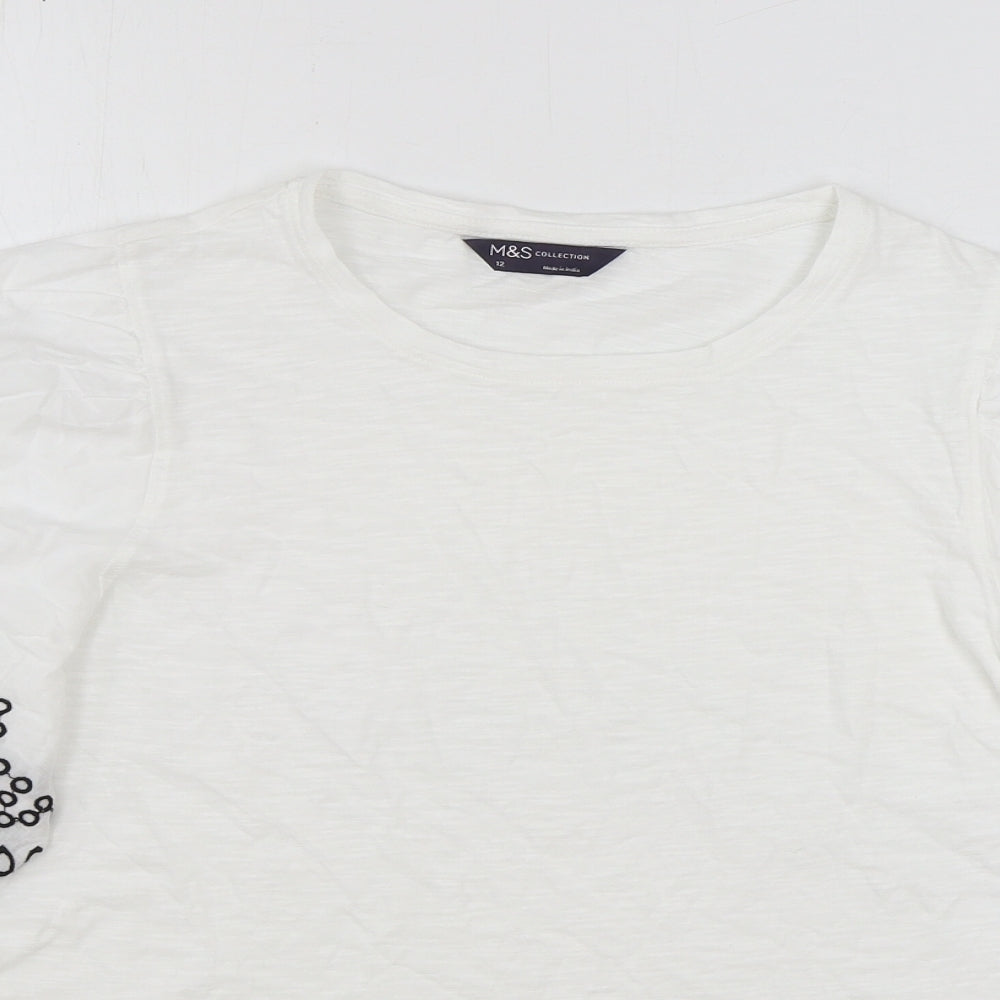 Marks and Spencer Womens White Geometric 100% Cotton Basic T-Shirt Size 12 Round Neck