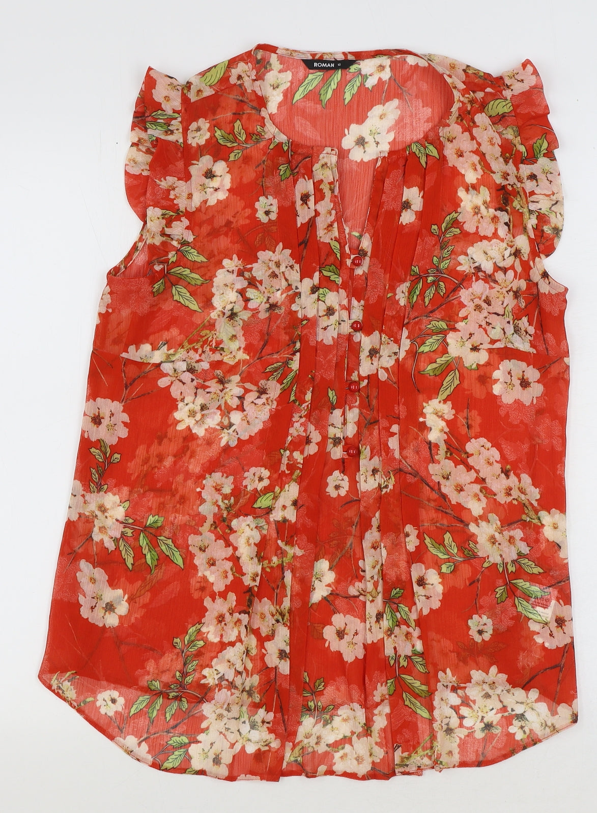 Roman Womens Red Floral Polyester Basic Blouse Size 12 V-Neck
