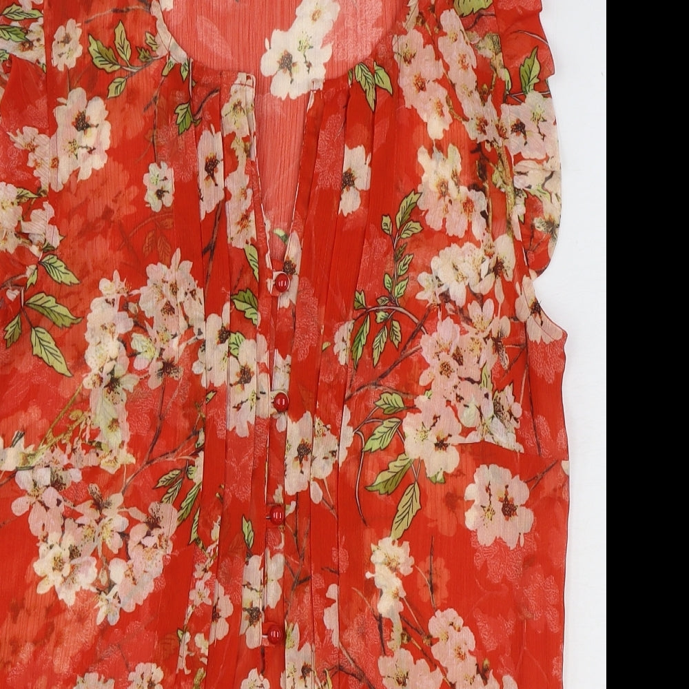 Roman Womens Red Floral Polyester Basic Blouse Size 12 V-Neck