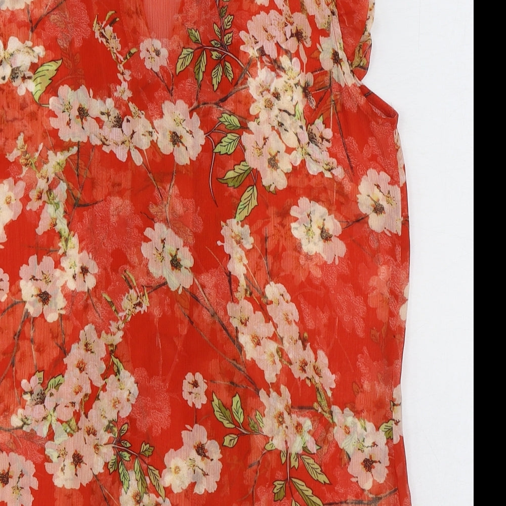 Roman Womens Red Floral Polyester Basic Blouse Size 12 V-Neck
