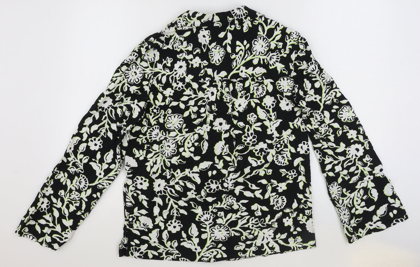 Marks and Spencer Womens Black Geometric Viscose Basic Button-Up Size 6 V-Neck