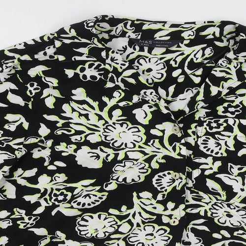Marks and Spencer Womens Black Geometric Viscose Basic Button-Up Size 6 V-Neck