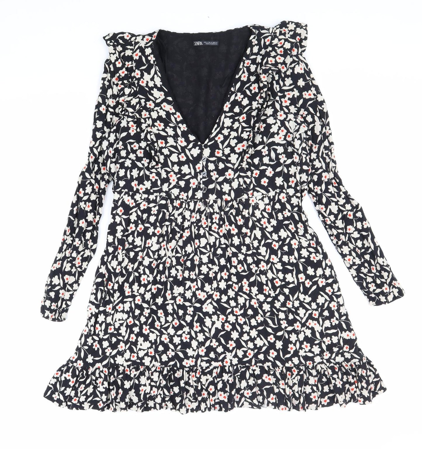 Zara Womens Black Floral Polyester Fit & Flare Size M V-Neck Zip