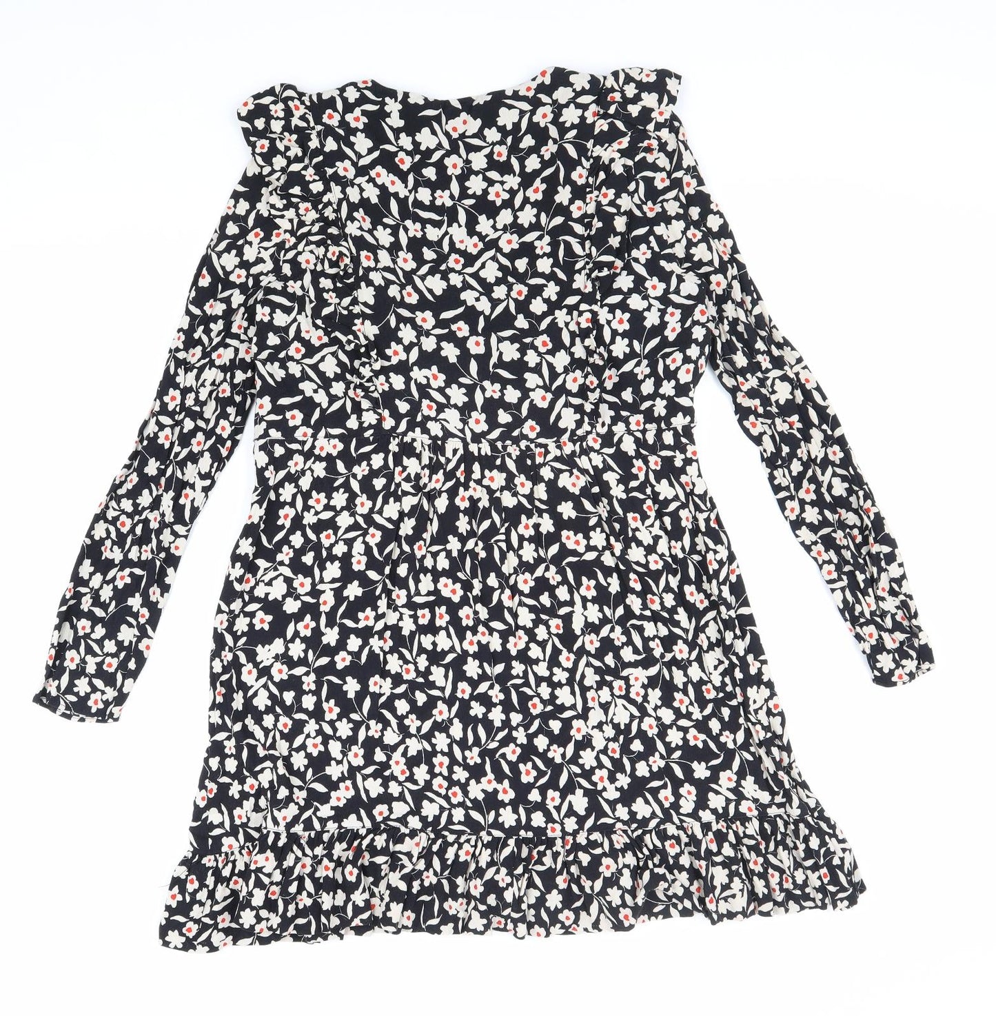 Zara Womens Black Floral Polyester Fit & Flare Size M V-Neck Zip