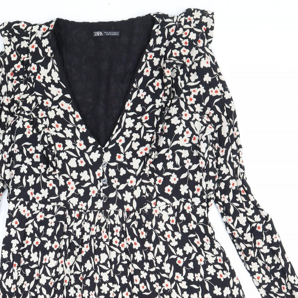 Zara Womens Black Floral Polyester Fit & Flare Size M V-Neck Zip