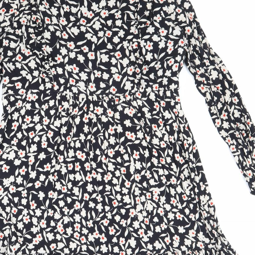 Zara Womens Black Floral Polyester Fit & Flare Size M V-Neck Zip