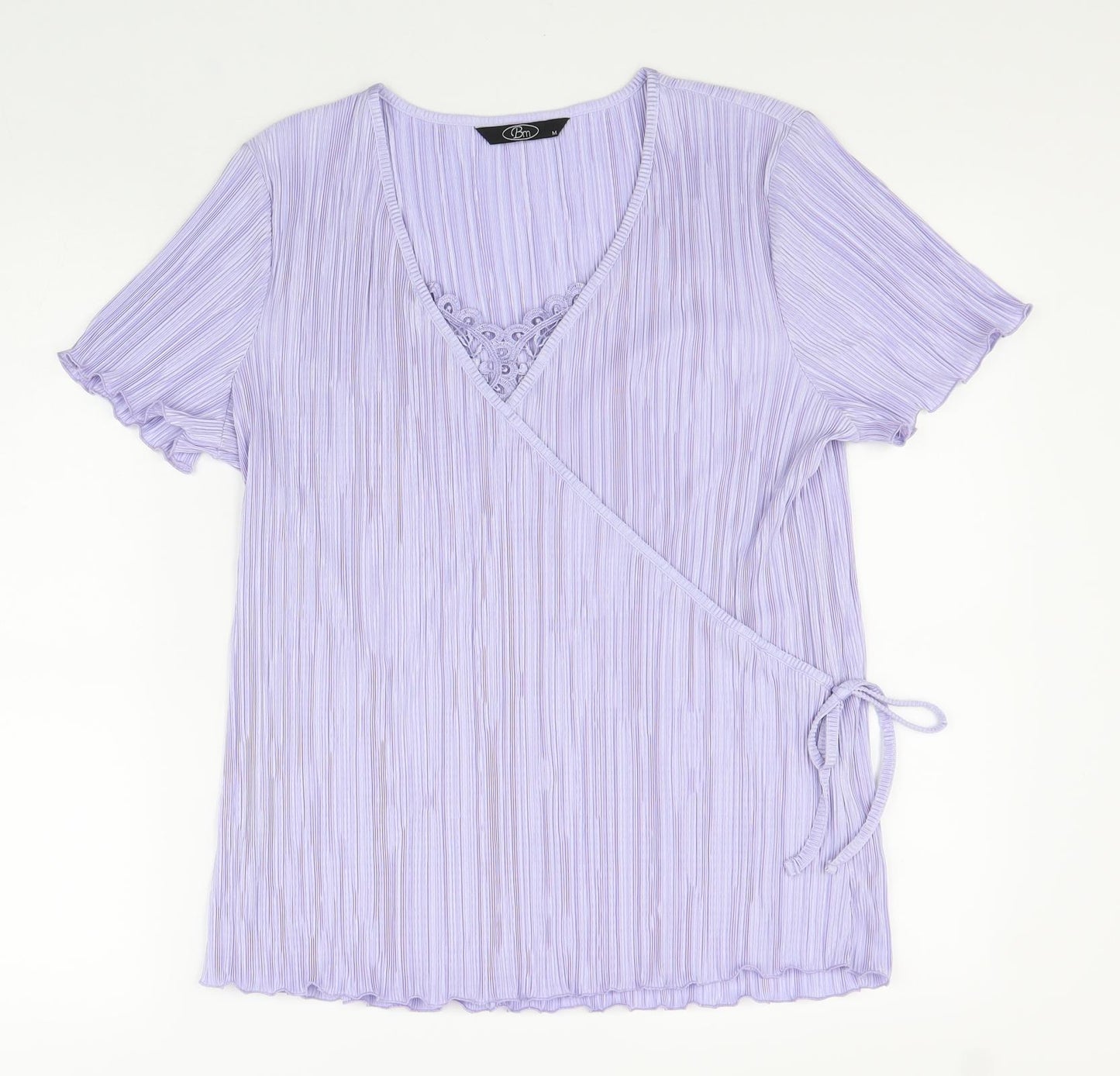 BM Womens Purple Polyester Wrap T-Shirt Size M V-Neck - Faux Wrap Plisse Lace Detail