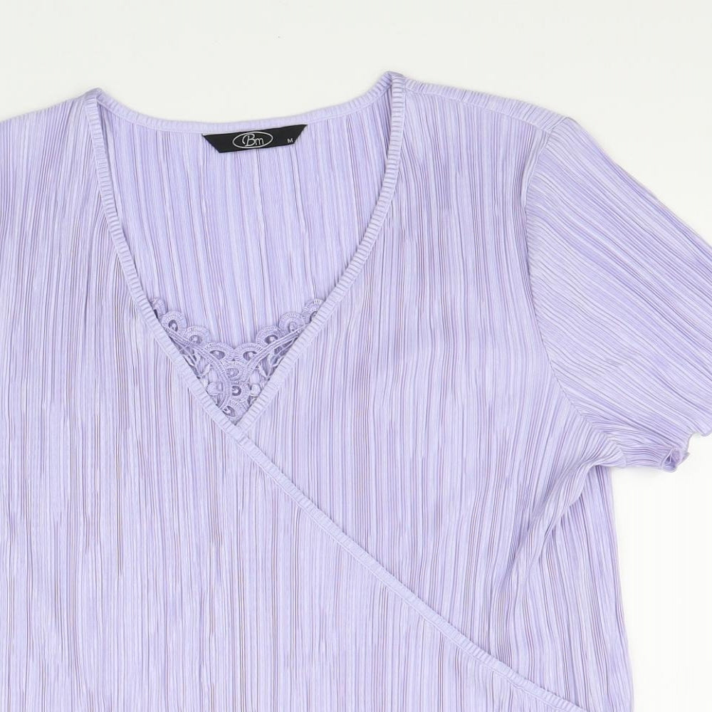 BM Womens Purple Polyester Wrap T-Shirt Size M V-Neck - Faux Wrap Plisse Lace Detail
