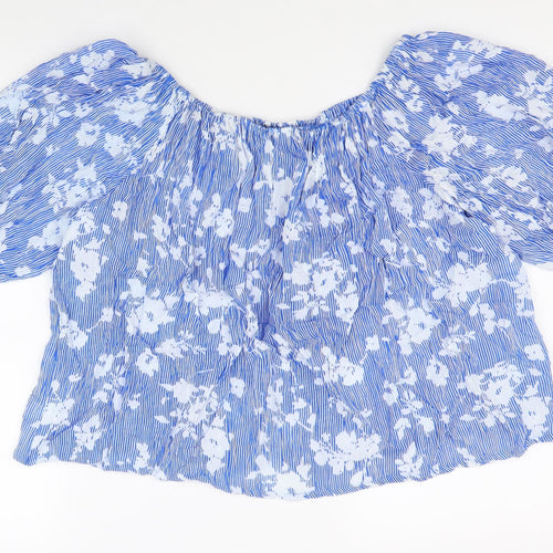 PEBBLE BAY Womens Blue Floral Viscose Basic Blouse Size L Boat Neck