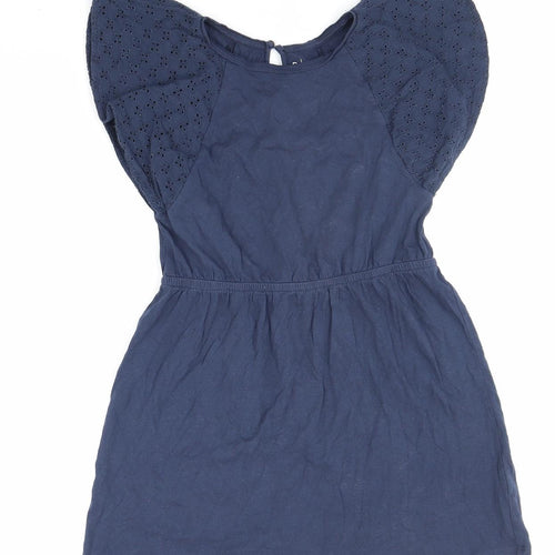 Essential Womens Blue 100% Cotton Mini Size 6 Round Neck Button - Broderie Anglaise