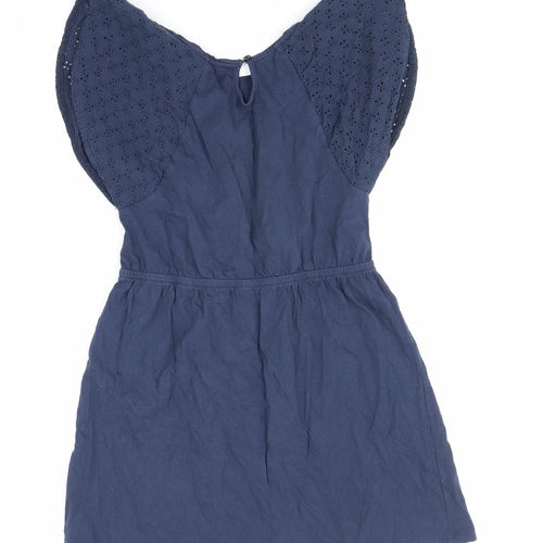 Essential Womens Blue 100% Cotton Mini Size 6 Round Neck Button - Broderie Anglaise