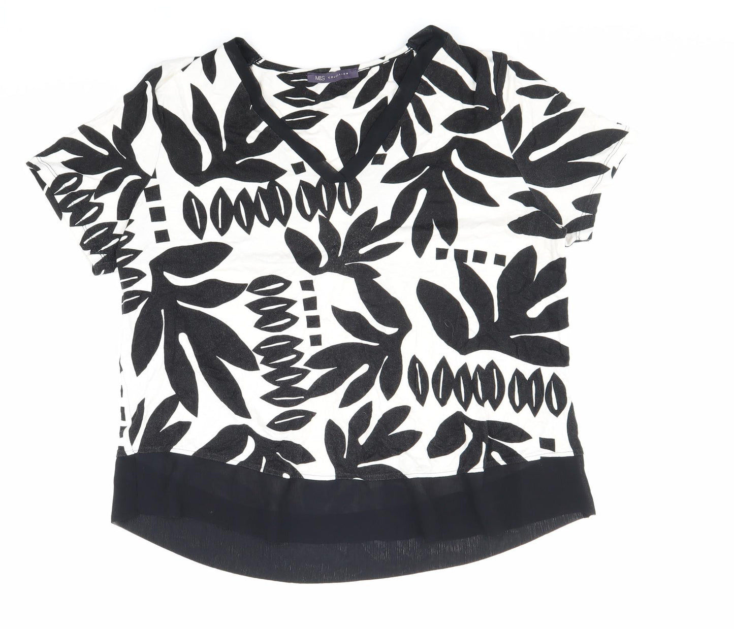 Marks and Spencer Womens Black Geometric Polyester Basic Blouse Size 14 V-Neck