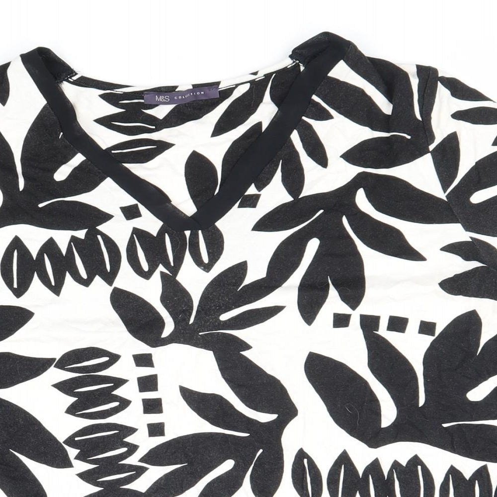 Marks and Spencer Womens Black Geometric Polyester Basic Blouse Size 14 V-Neck