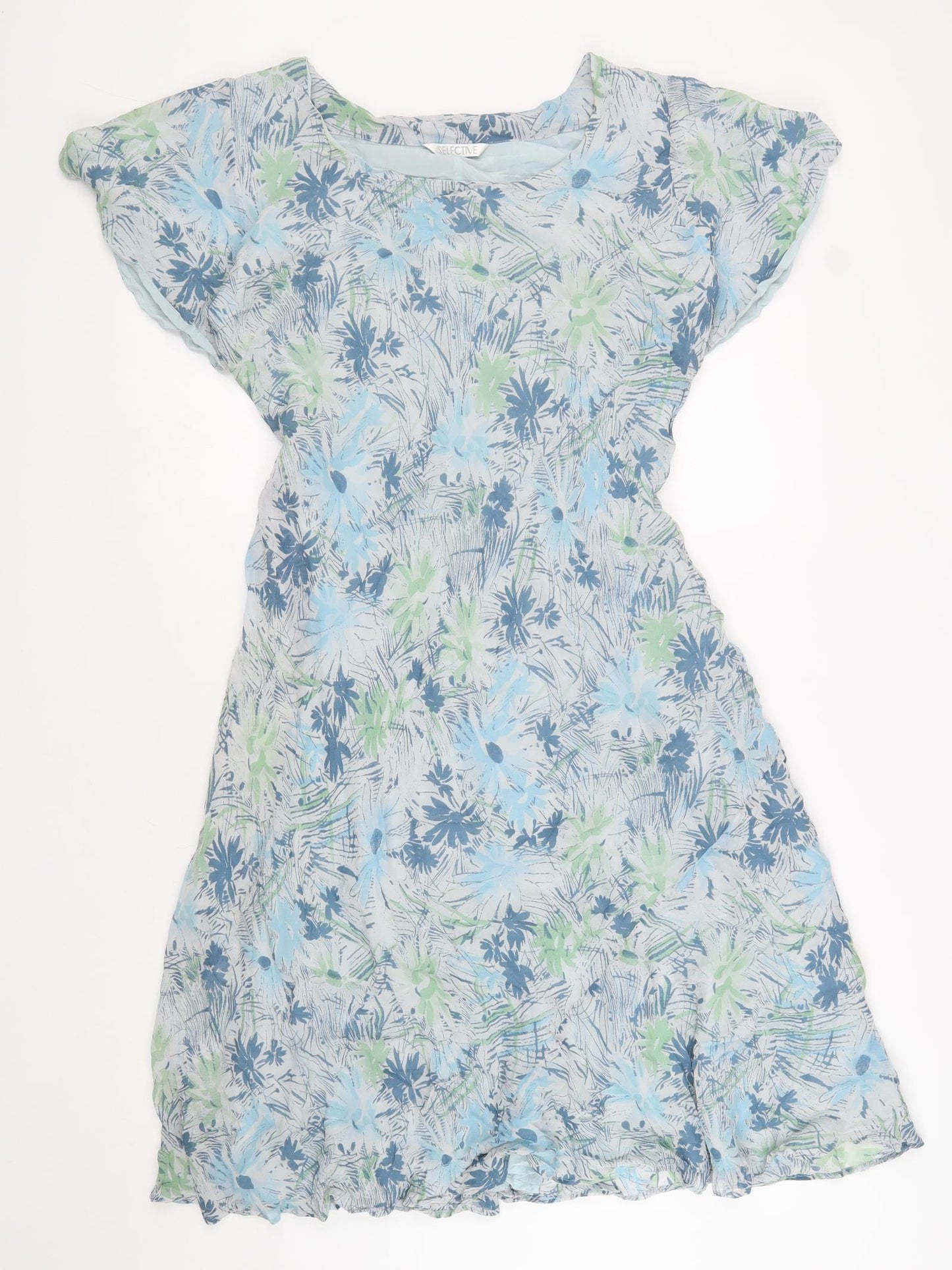 Selective Womens Blue Floral Silk Fit & Flare Size 14 Boat Neck Pullover