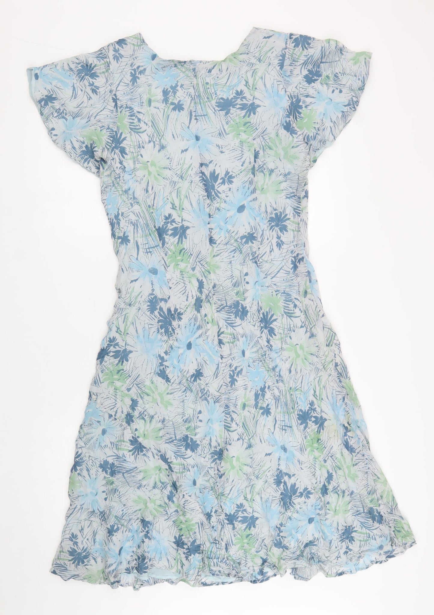Selective Womens Blue Floral Silk Fit & Flare Size 14 Boat Neck Pullover