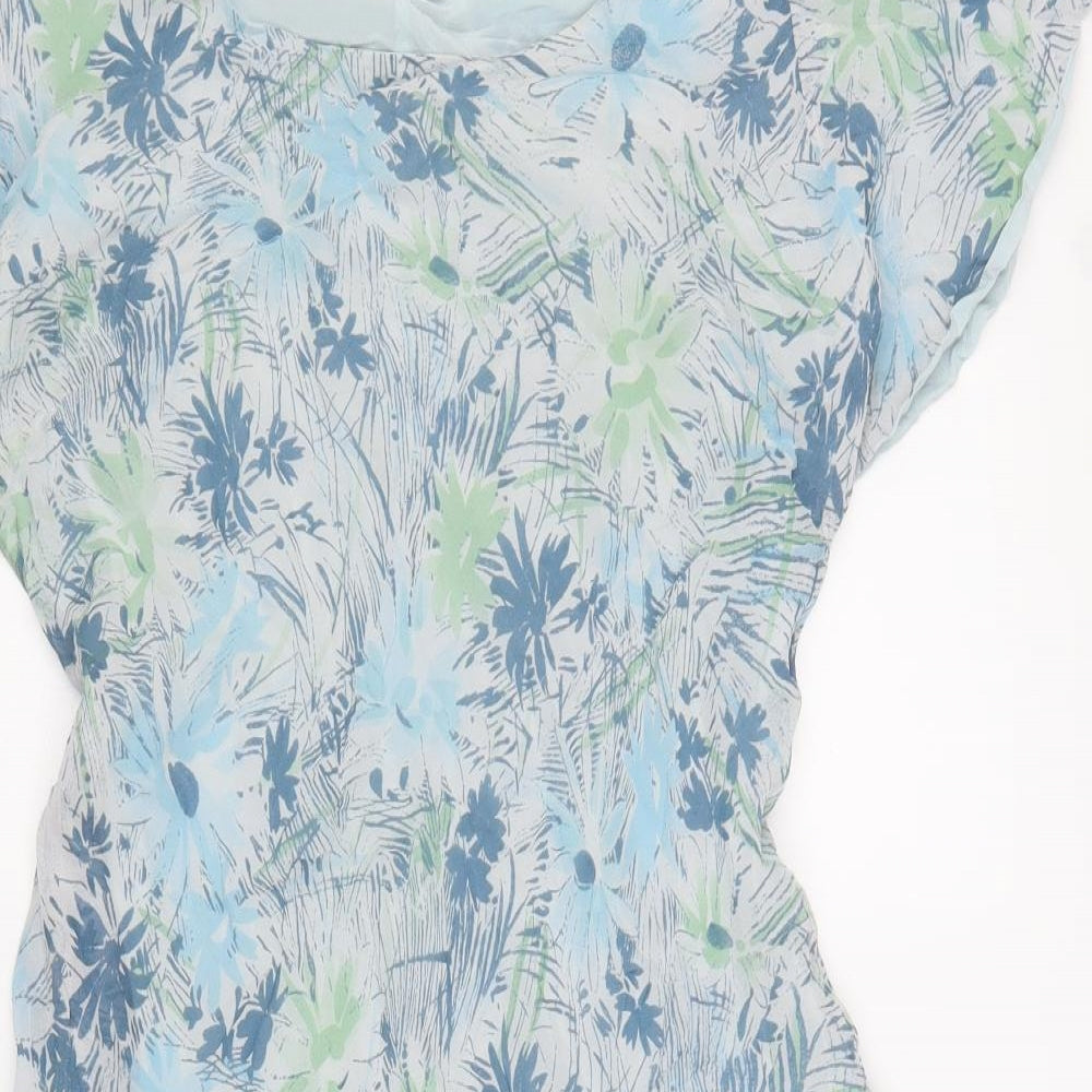 Selective Womens Blue Floral Silk Fit & Flare Size 14 Boat Neck Pullover