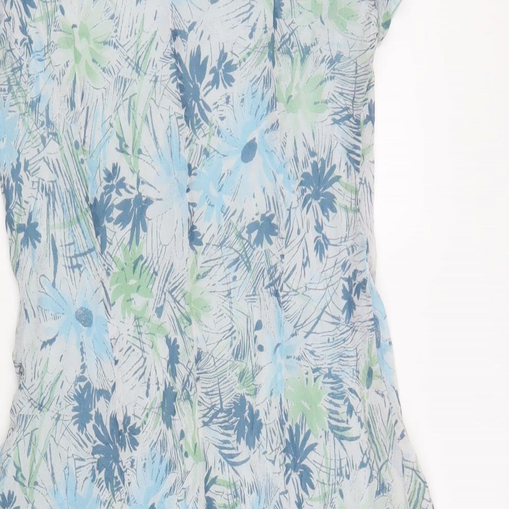 Selective Womens Blue Floral Silk Fit & Flare Size 14 Boat Neck Pullover