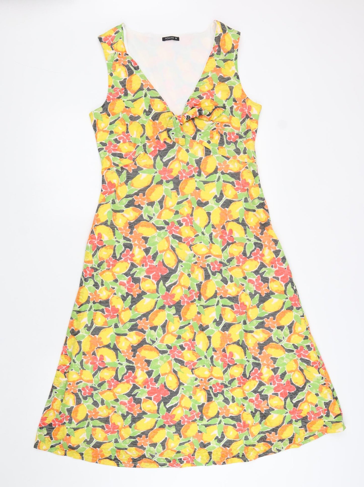 Roman Womens Multicoloured Geometric Polyester A-Line Size 10 V-Neck Pullover - Lemon Pattern
