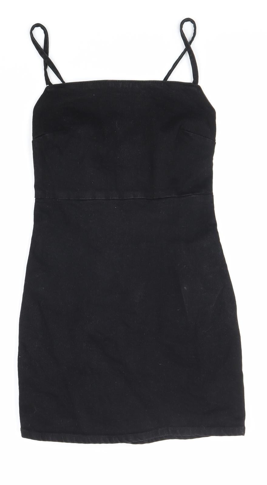 Zara Womens Black 100% Cotton Tank Dress Size S Square Neck Zip