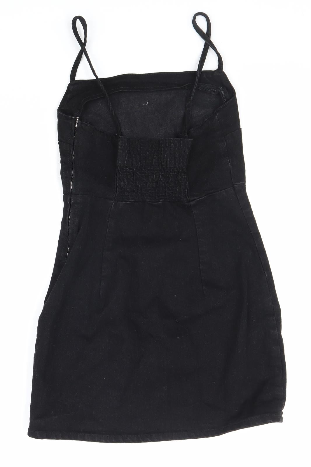Zara Womens Black 100% Cotton Tank Dress Size S Square Neck Zip