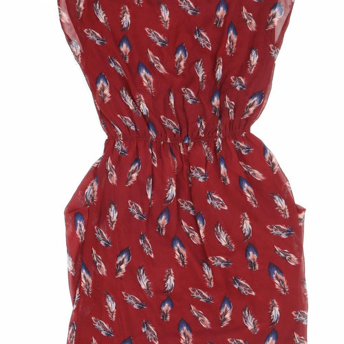 TENKI Womens Red Geometric Polyester Mini Size S Boat Neck Pullover - Feather Print