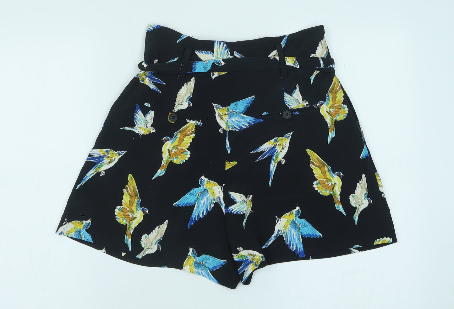 Preworn Womens Black Geometric Polyester Paperbag Shorts Size 28 in Regular Zip - Bird Print