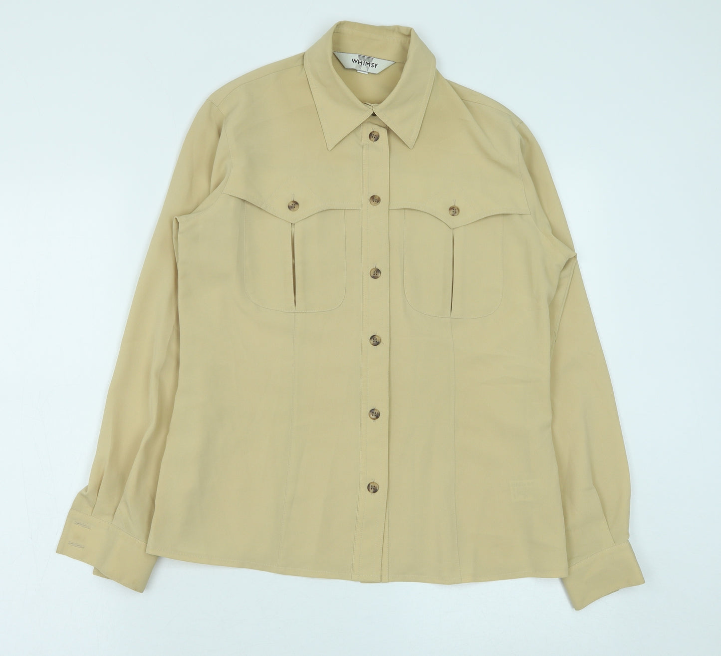WHIMSY Womens Beige Polyester Basic Button-Up Size 10 V-Neck