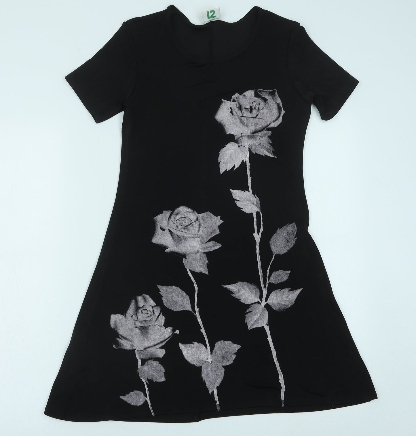 Cleo Womens Black Floral Polyester Skater Dress Size 12 Boat Neck Pullover