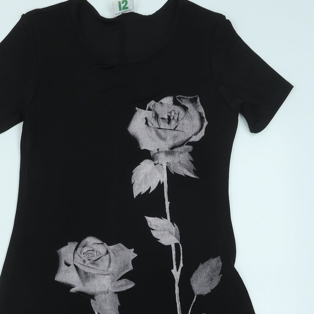 Cleo Womens Black Floral Polyester Skater Dress Size 12 Boat Neck Pullover