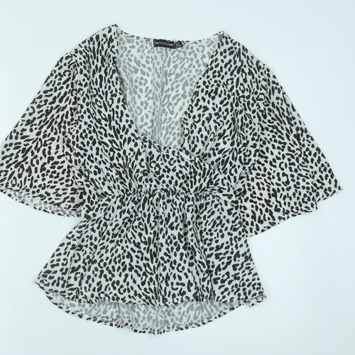 PRETTYLITTLETHING Womens Black Animal Print Polyester Basic Blouse Size 12 V-Neck