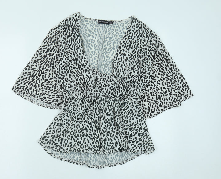 PRETTYLITTLETHING Womens Black Animal Print Polyester Basic Blouse Size 12 V-Neck