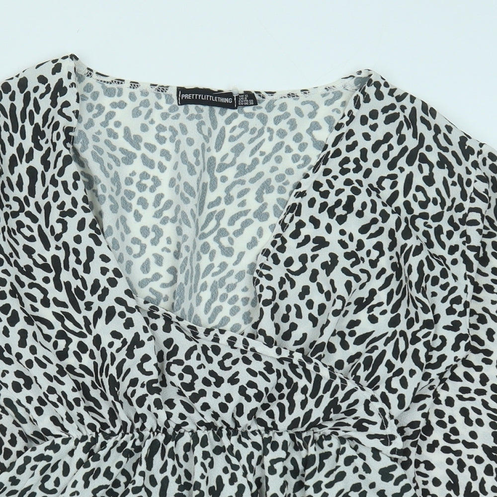 PRETTYLITTLETHING Womens Black Animal Print Polyester Basic Blouse Size 12 V-Neck
