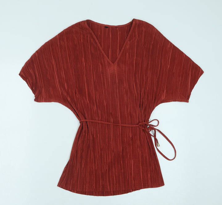 Peacocks Womens Brown Polyester Tunic Blouse Size 8 V-Neck - Pleated detail