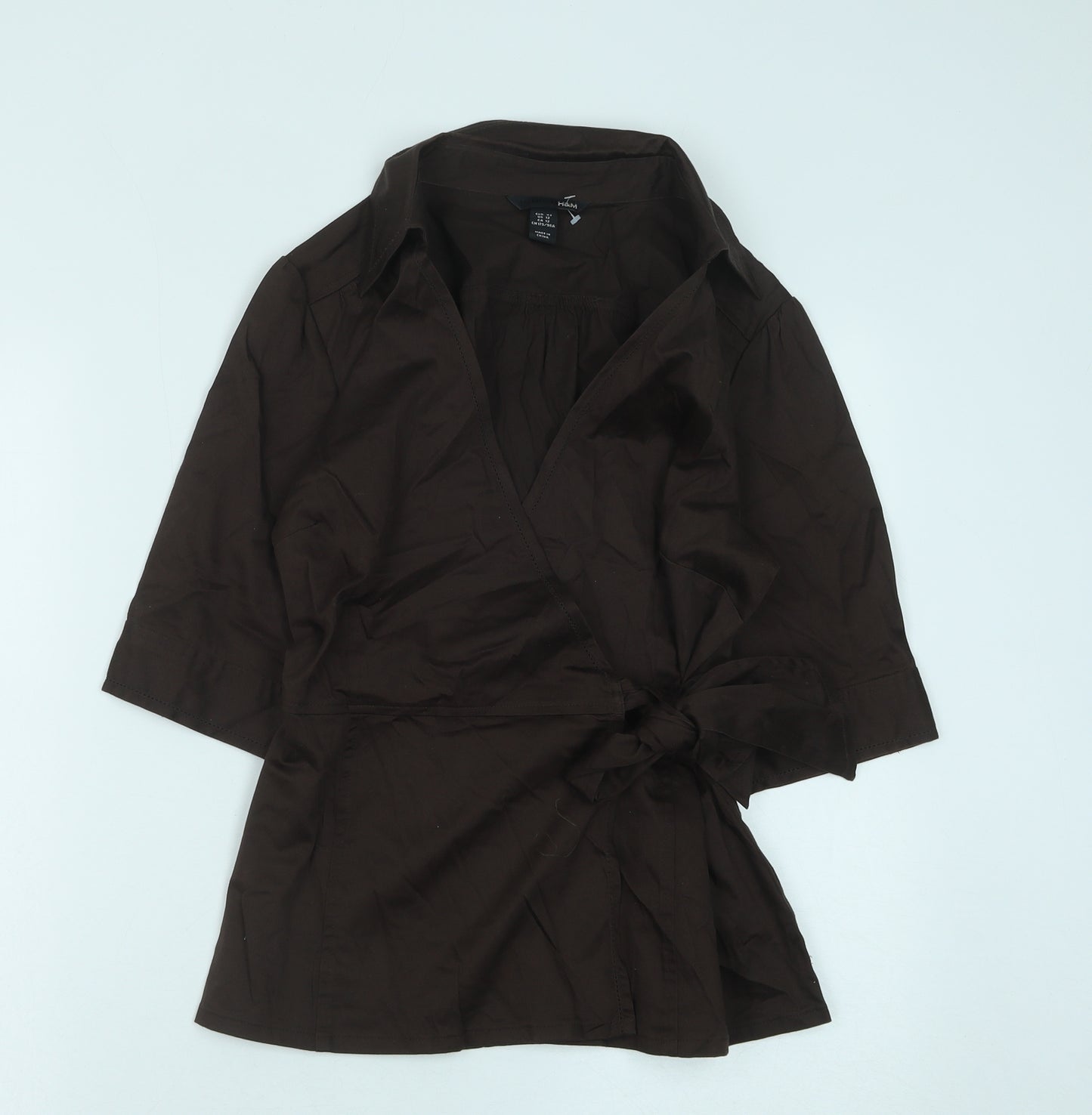 H&M Womens Brown Cotton Wrap Blouse Size 14 V-Neck
