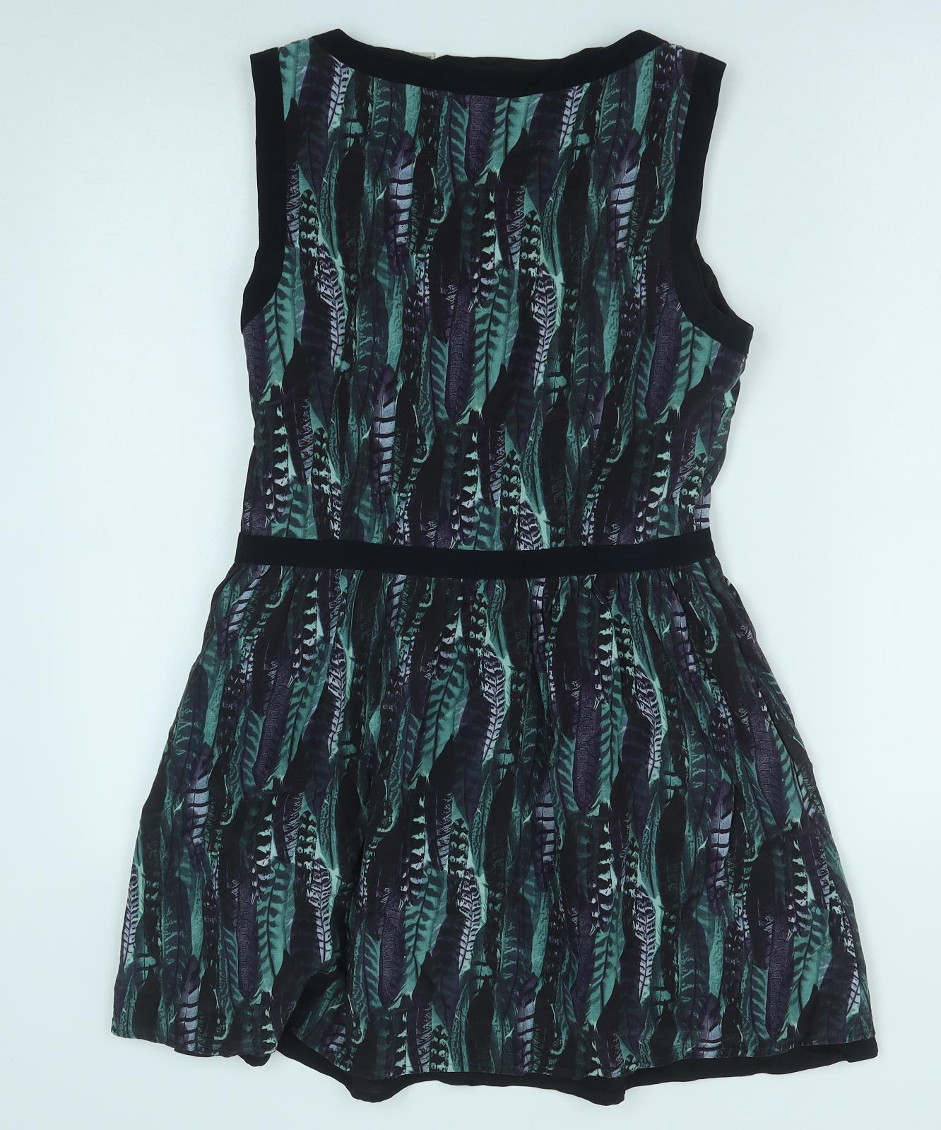 Jack Wills Womens Green Geometric Polyester Fit & Flare Size 10 Scoop Neck Zip