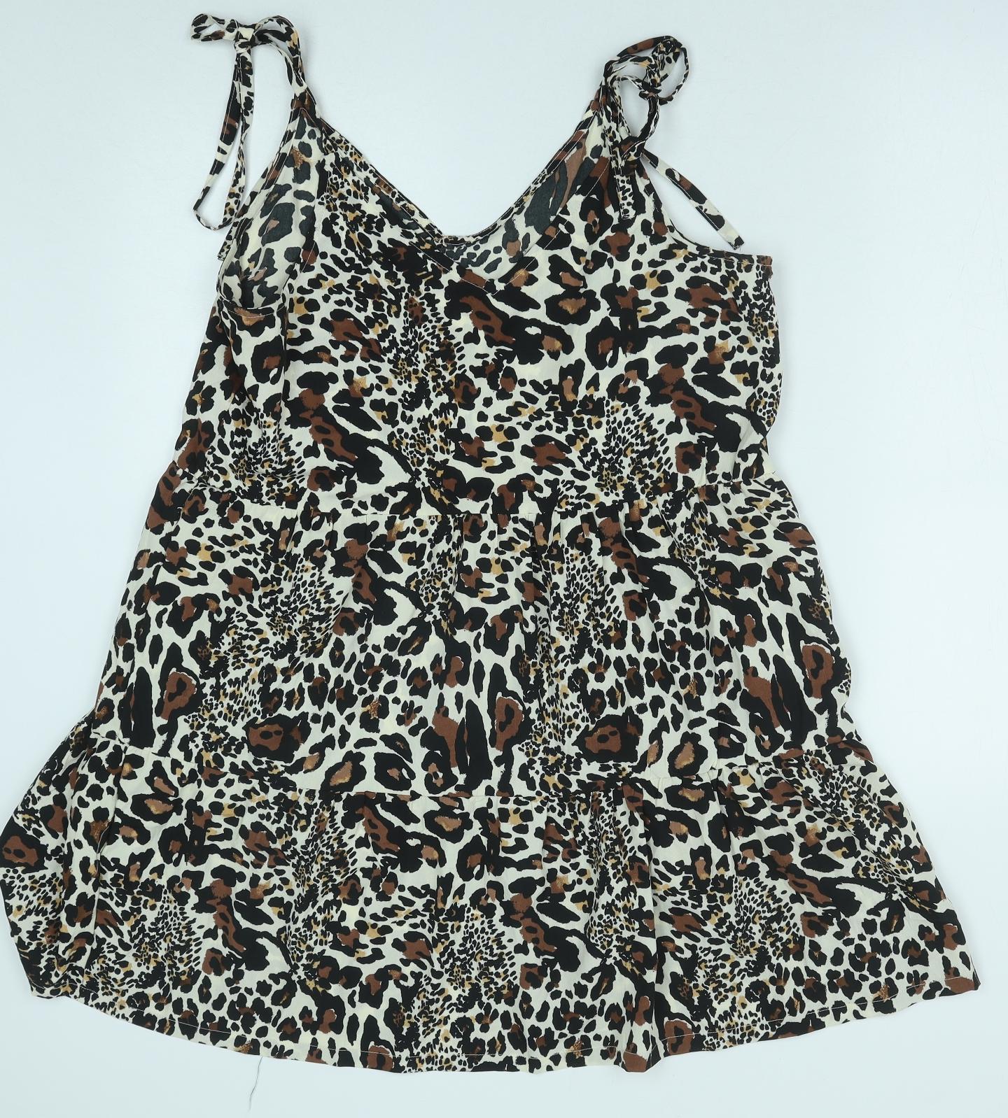 PEP&CO Womens Brown Animal Print Polyester Tank Dress Size 16 V-Neck Pullover - Leopard Pattern