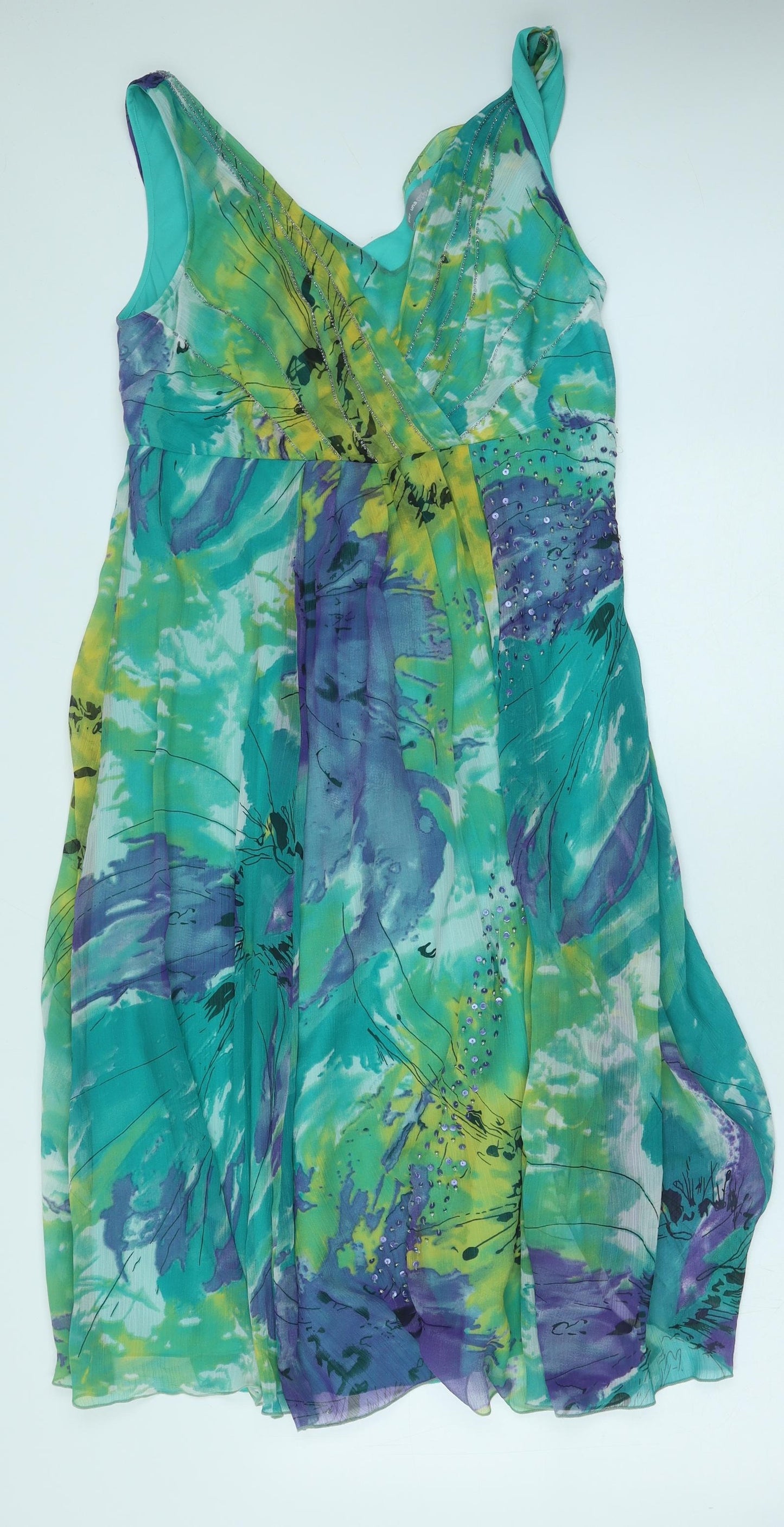 Marks and Spencer Womens Green Geometric Polyester Fit & Flare Size 16 V-Neck Zip