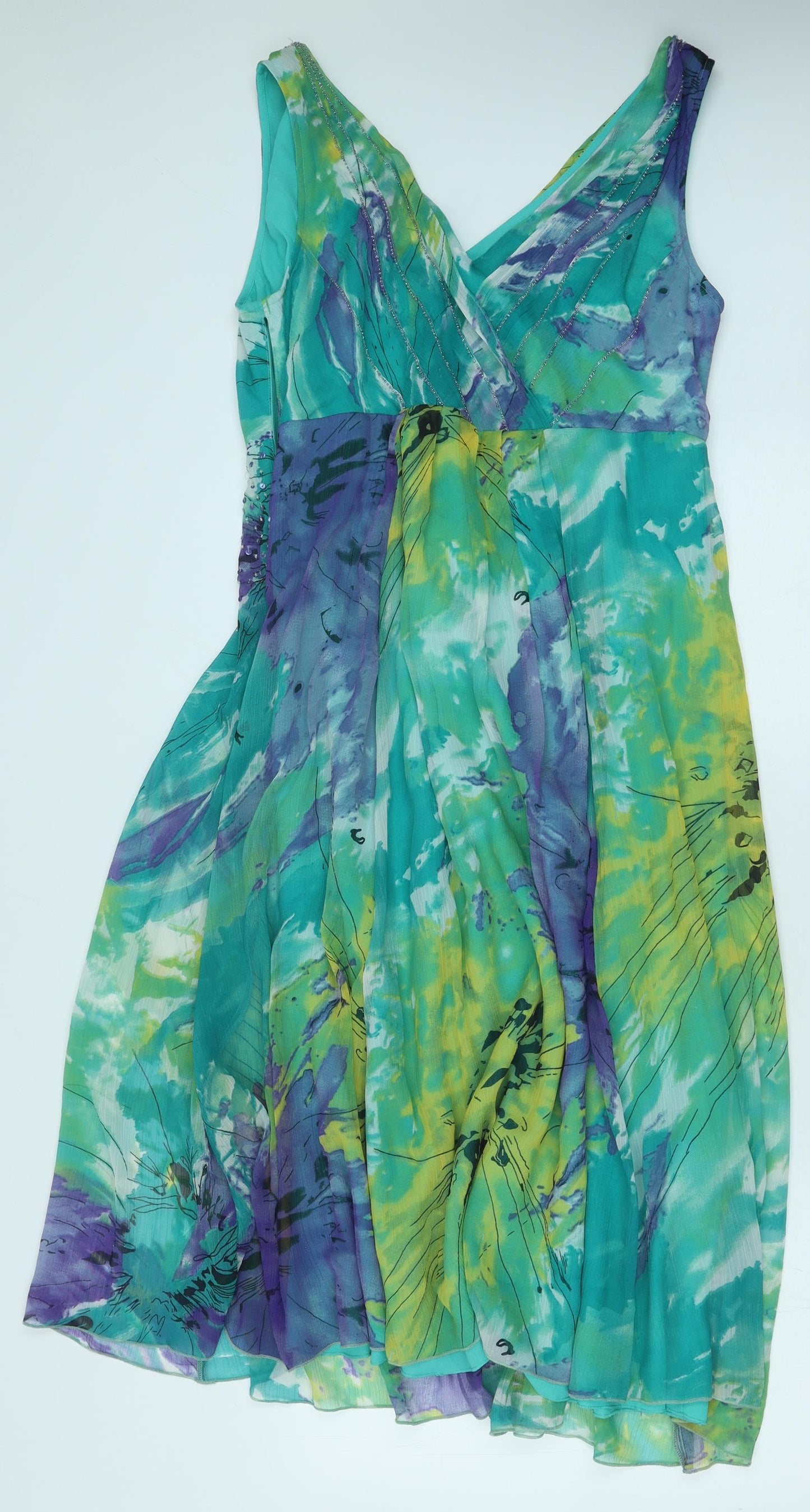 Marks and Spencer Womens Green Geometric Polyester Fit & Flare Size 16 V-Neck Zip